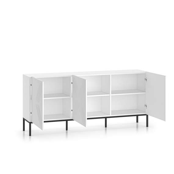 Skjenk Clear - 170x77 cm - hvit matt - 3 dører - metall ramme