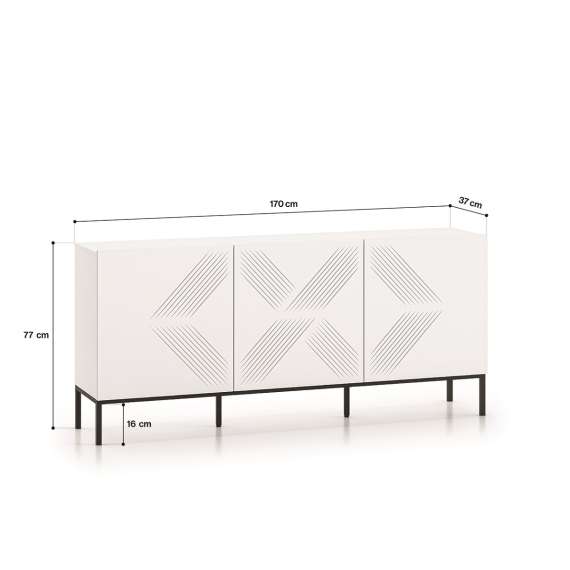 Skjenk Clear - 170x77 cm - hvit matt - 3 dører - metall ramme