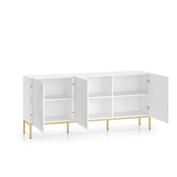 Skjenk Clear - 170x77 cm - hvit matt - 3 dører - metall ramme