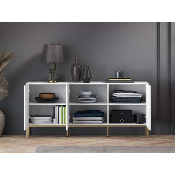 Skjenk Clear - 170x77 cm - hvit matt - 3 dører - metall ramme