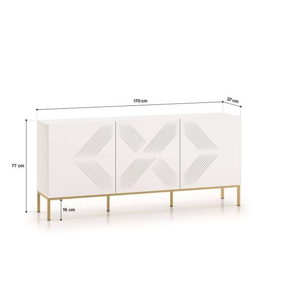Skjenk Clear - 170x77 cm - hvit matt - 3 dører - metall ramme