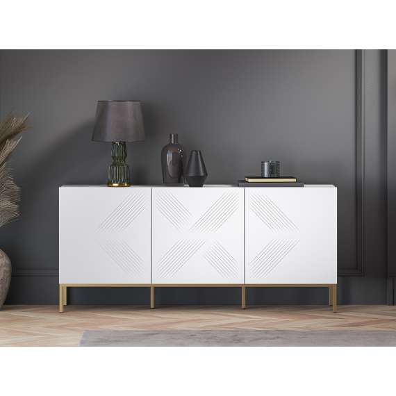 Skjenk Clear - 170x77 cm - hvit matt - 3 dører - metall ramme