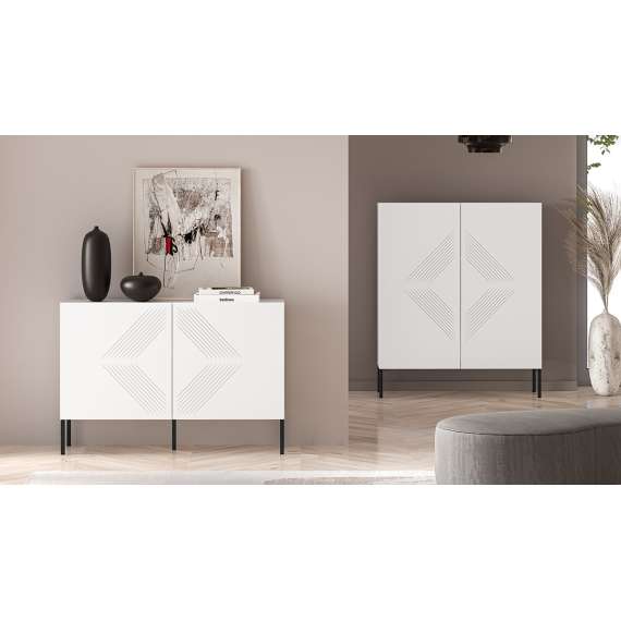 Skjenk Clear - 114x77 cm - hvit matt - 2 dører - metall ben