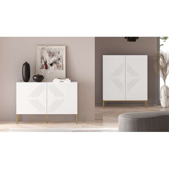 Skjenk Clear - 114x77 cm - hvit matt - 2 dører - metall ben