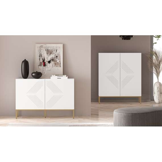 Skjenk Clear - 114x77 cm - hvit matt - 2 dører - metall ramme