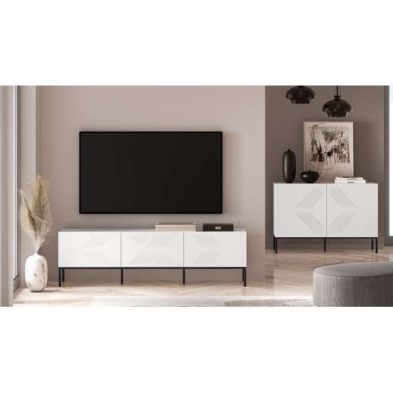 Tv-benk Clear - 170x50 cm - hvit matt - 3 dører - metall ramme