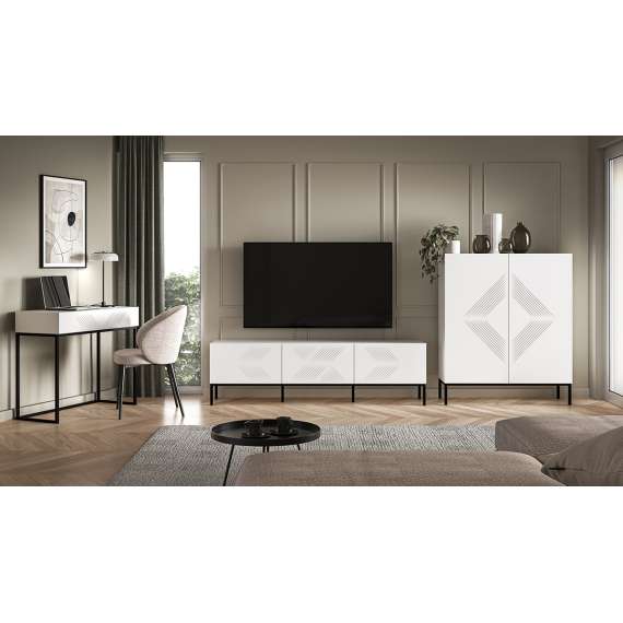 Tv-benk Clear - 170x50 cm - hvit matt - 3 dører - metall ramme