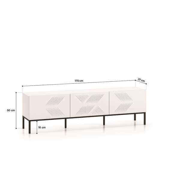 Tv-benk Clear - 170x50 cm - hvit matt - 3 dører - metall ramme