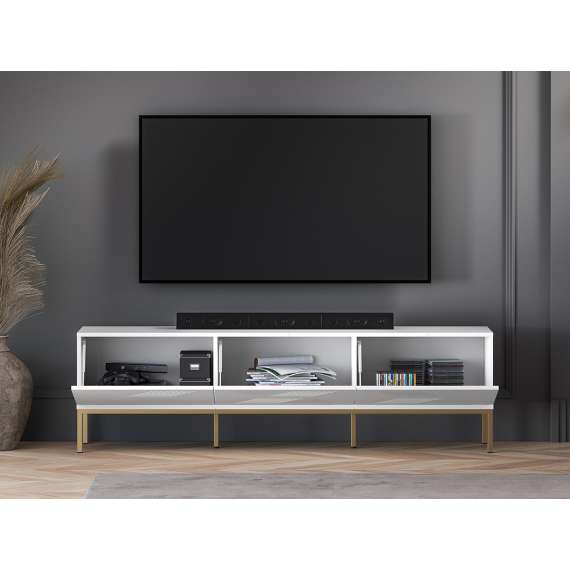 Tv-benk Clear - 170x50 cm - hvit matt - 3 dører - metall ramme