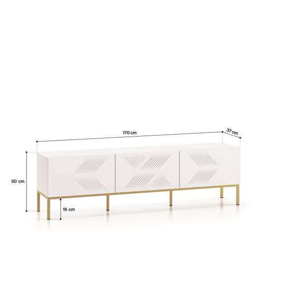 Tv-benk Clear - 170x50 cm - hvit matt - 3 dører - metall ramme