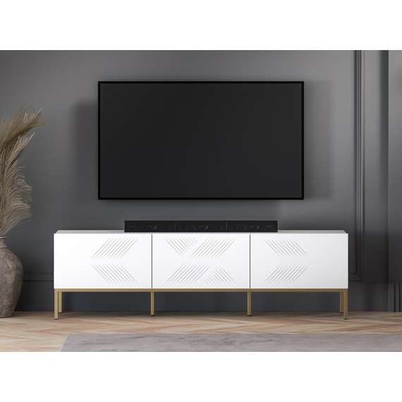 Tv-benk Clear - 170x50 cm - hvit matt - 3 dører - metall ramme
