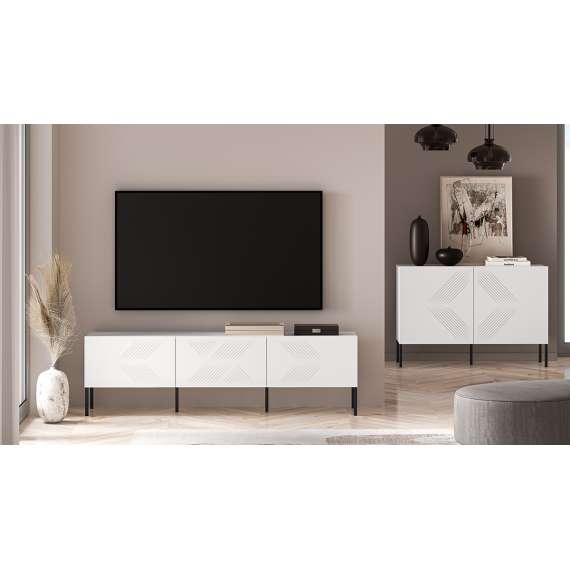Tv-benk Clear - 170x50 cm - hvit matt - 3 dører - metall ben