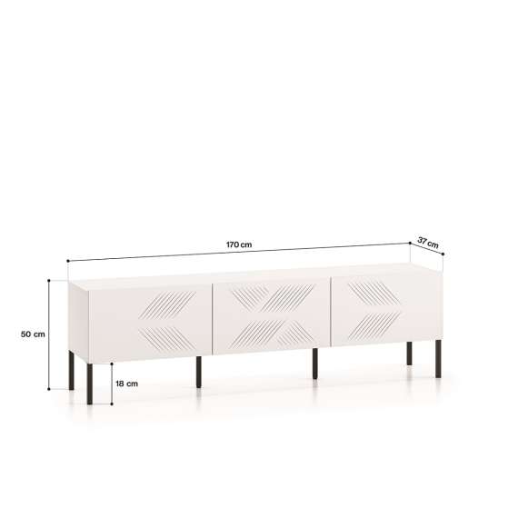Tv-benk Clear - 170x50 cm - hvit matt - 3 dører - metall ben