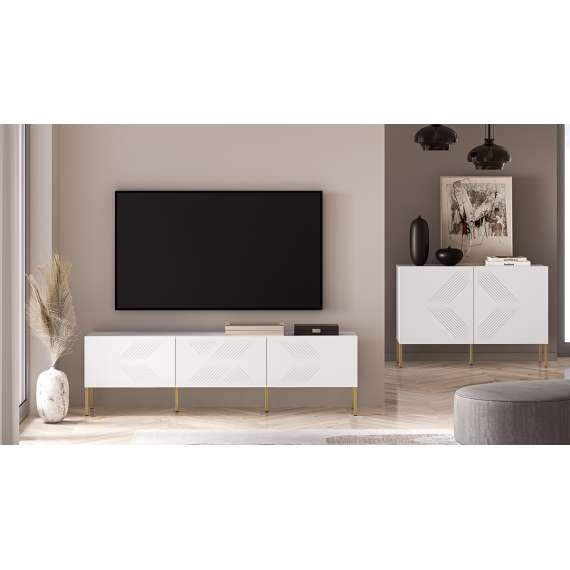 Tv-benk Clear - 170x50 cm - hvit matt - 3 dører - metall ben