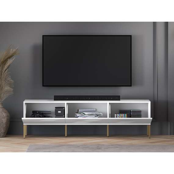 Tv-benk Clear - 170x50 cm - hvit matt - 3 dører - metall ben