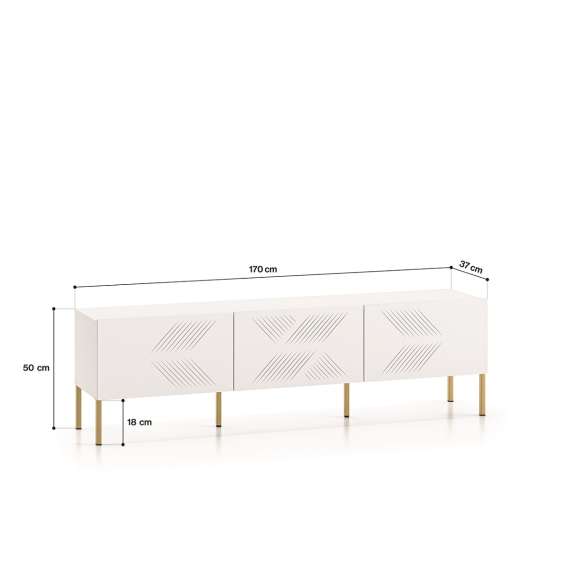 Tv-benk Clear - 170x50 cm - hvit matt - 3 dører - metall ben