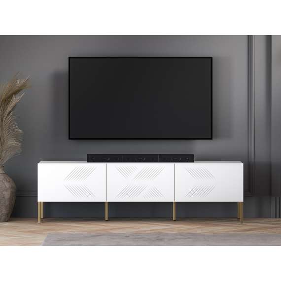 Tv-benk Clear - 170x50 cm - hvit matt - 3 dører - metall ben