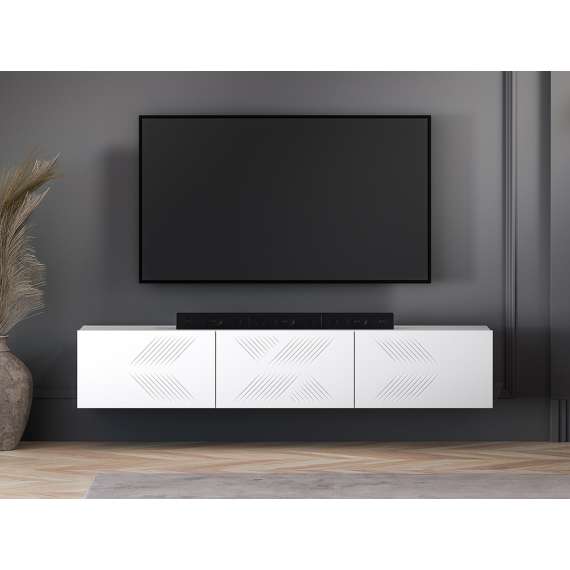 Hengende tv-benk Clear - 170x32 cm - hvit matt - 3 dører - metall ben
