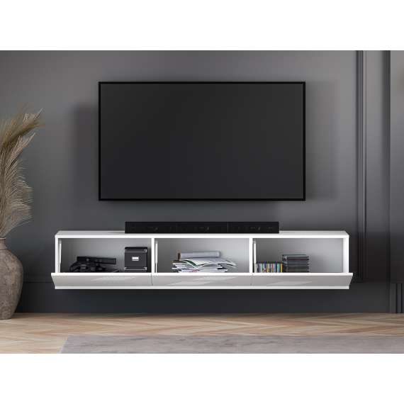 Hengende tv-benk Clear - 170x32 cm - hvit matt - 3 dører - metall ben