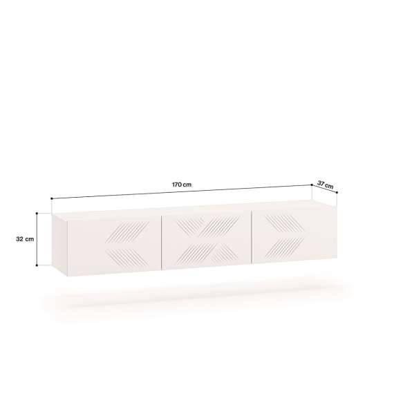 Hengende tv-benk Clear - 170x32 cm - hvit matt - 3 dører - metall ben