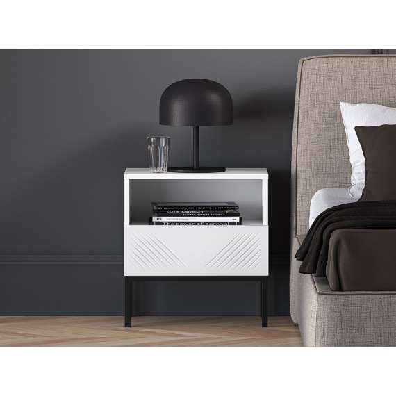 Nattbord Clear - 53x50 cm - hvit matt - 1 skuff - metall ramme