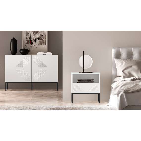 Nattbord Clear - 53x50 cm - hvit matt - 1 skuff - metall ramme