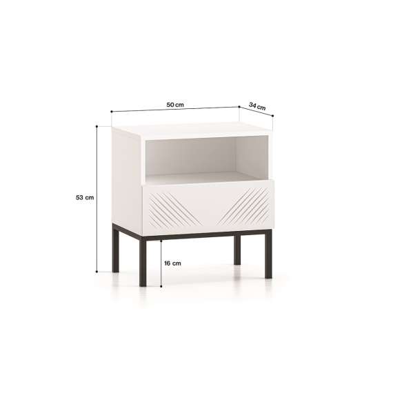 Nattbord Clear - 53x50 cm - hvit matt - 1 skuff - metall ramme