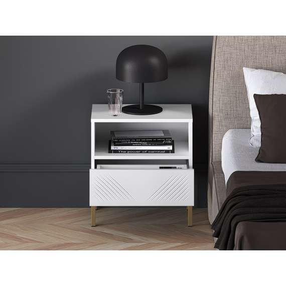 Nattbord Clear - 53x50 cm - hvit matt - 1 skuff - metall ramme