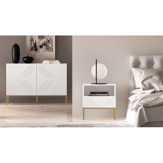 Nattbord Clear - 53x50 cm - hvit matt - 1 skuff - metall ramme