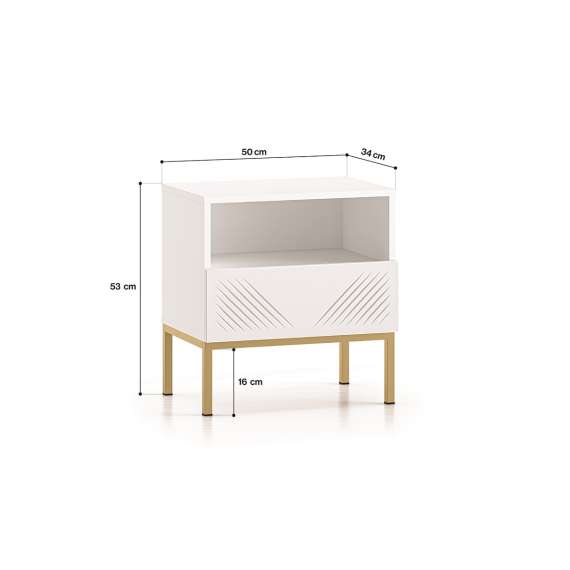 Nattbord Clear - 53x50 cm - hvit matt - 1 skuff - metall ramme