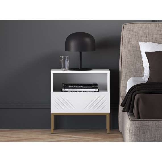 Nattbord Clear - 53x50 cm - hvit matt - 1 skuff - metall ramme