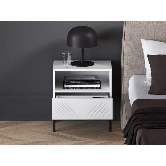 Nattbord Clear - 53x50 cm - hvit matt - 1 skuff - metall ben