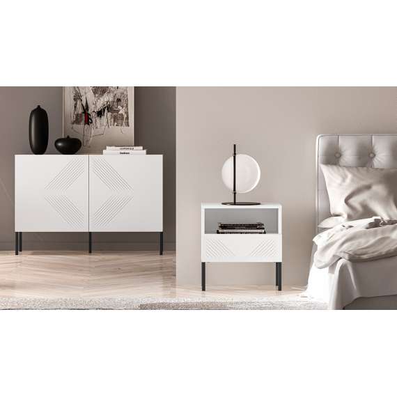 Nattbord Clear - 53x50 cm - hvit matt - 1 skuff - metall ben