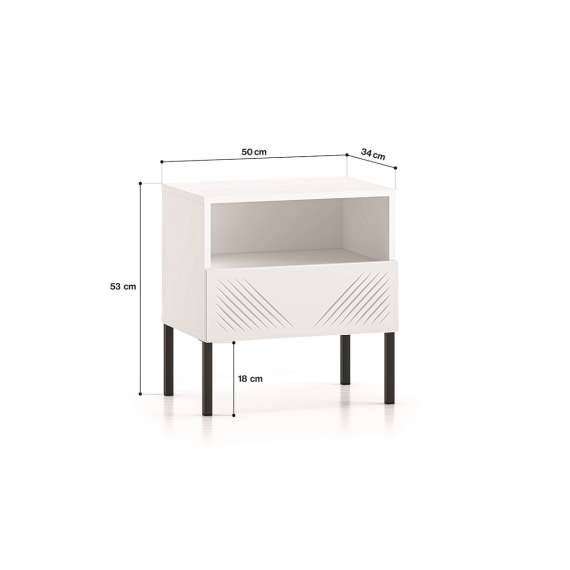 Nattbord Clear - 53x50 cm - hvit matt - 1 skuff - metall ben