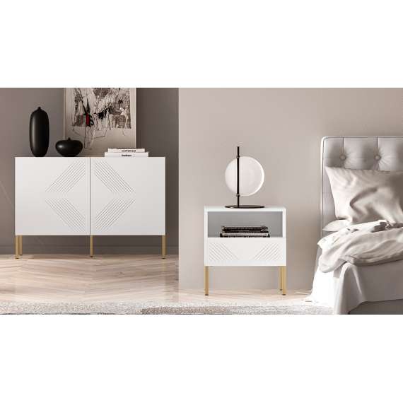 Nattbord Clear - 53x50 cm - hvit matt - 1 skuff - metall ben