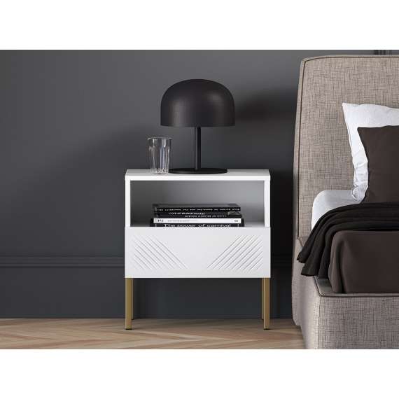 Nattbord Clear - 53x50 cm - hvit matt - 1 skuff - metall ben