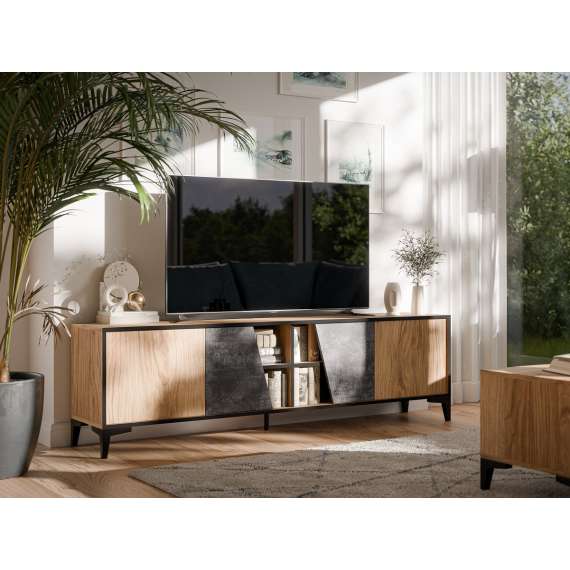 Tv-benk Ovo 180x53 cm - 4 dører - eik prado - betong