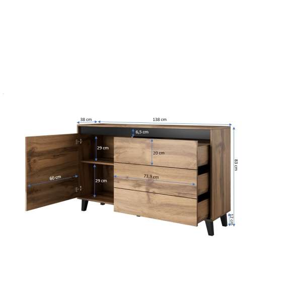 Skjenk Nord 138x83 cm - eik wotan - 1 dør 3 skuffer