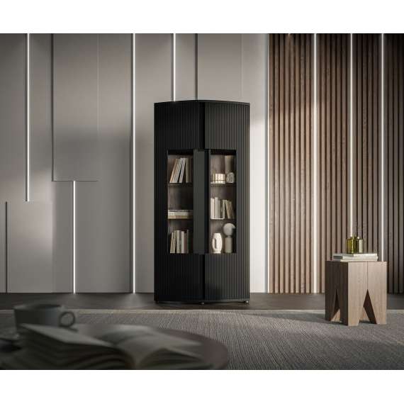 Vitrineskap MICHELLE 86x180 - sort - 2 dører - rillede fronter