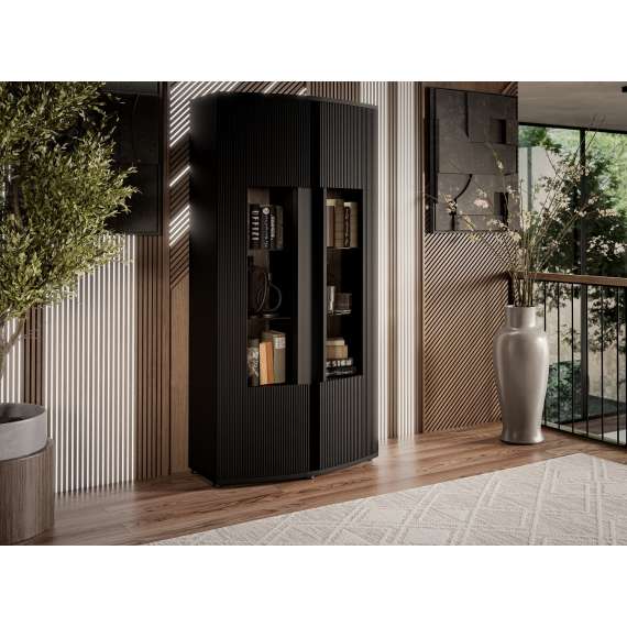 Vitrineskap MICHELLE 86x180 - sort - 2 dører - rillede fronter